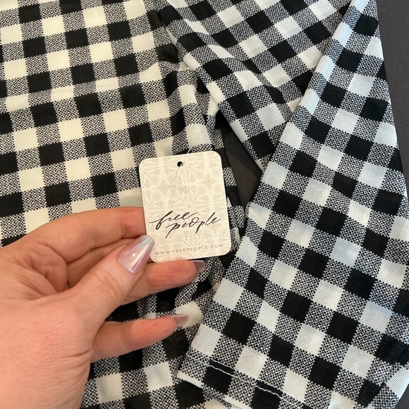 Free People Gather Turtleneck Top Black Combo Gingham Mesh Puff Sleeve M NWT - Picture 9 of 14